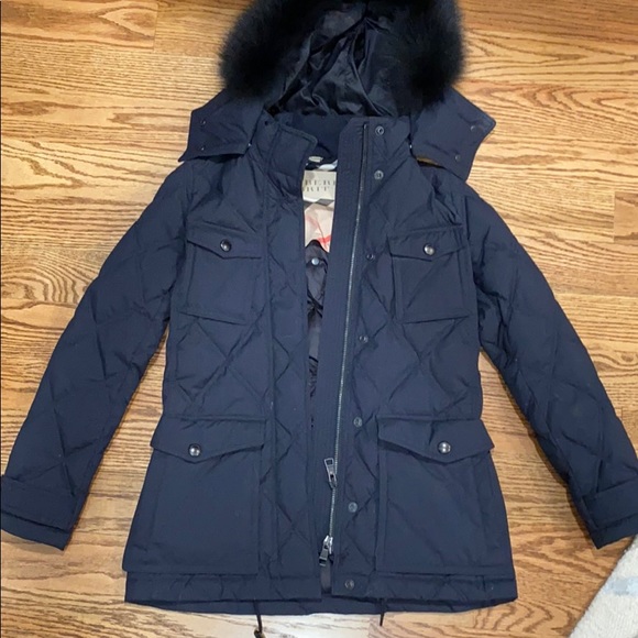 Dark Navy Burberry Brit Puffer Down Hooded Coat